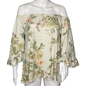 Chaser Shirt Womens Medium Cream Green Floral Off Shoulder Blouse Botanical‎